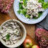 Healthy Waldorf Chicken Salad, an easy gluten-free lunch that is high in protein but under 300 calories! It has celery, apples, walnuts and poached chicken breast in a creamy Greek yogurt dressing. #healthy #glutenfree #lunch #highprotein #chicken #chickensalad #apples #celery #walnuts #cleaneating #GreekYogurt #healthyseasonal
