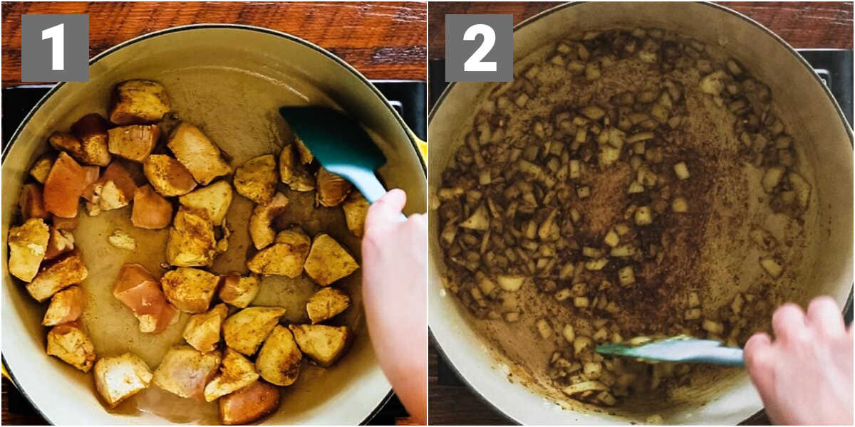sear the chicken, remove it, then cook the aromatics in the Dutch Oven