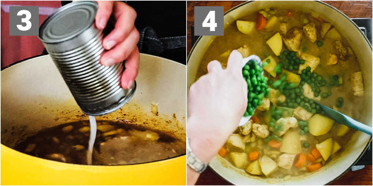 add the liquid ingredients and vegetables and simmer until the potatoes are tender, then add in peas, cilantro and sweetner