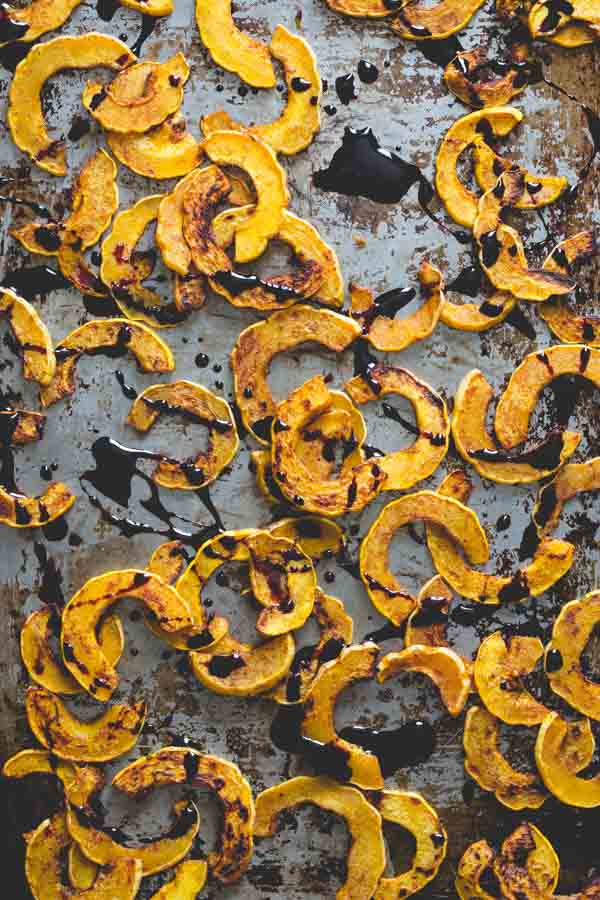 Spice Roasted Delicata Squash with Port Wine Sauce drizzled over top