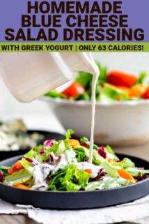 blue cheese dressing getting poured over salad with text overlay