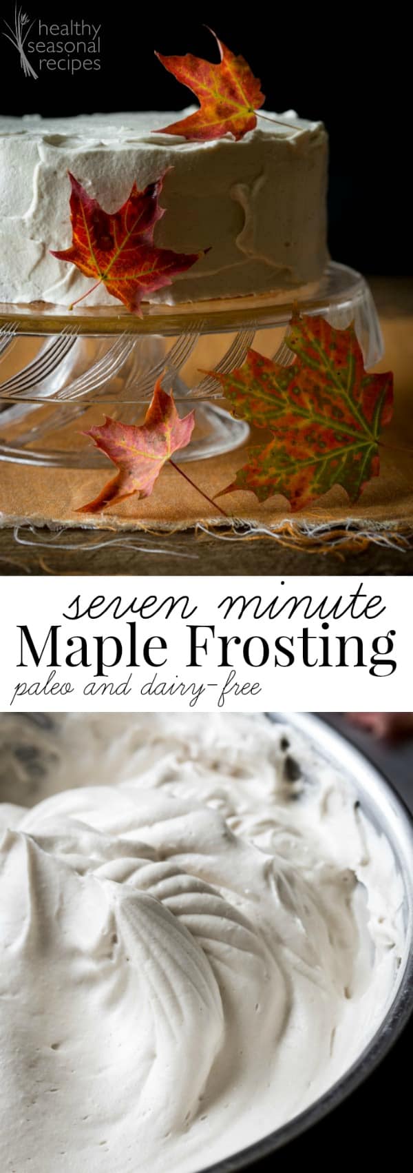 whipped frosting in a bowl and on a cake with maple leaves photo collage with text