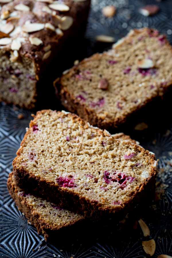 A close up of cranberry almond bread 