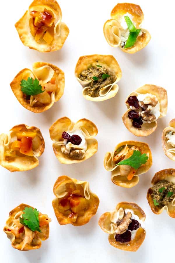 crispy wonton cups with various fillings