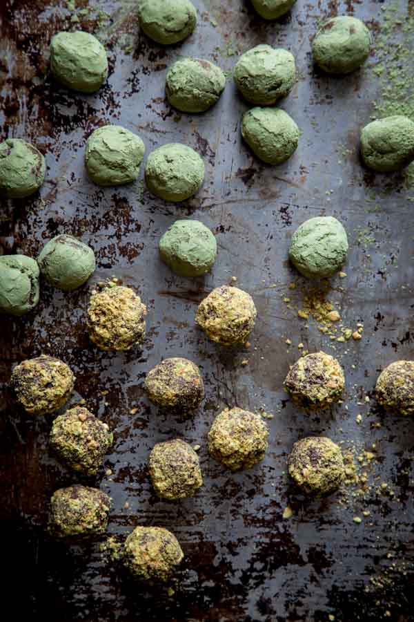 Green Tea Truffles rolled in matcha and pistachios.
