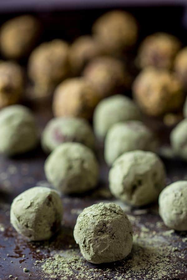 dark chocolate truffles coated in matcha powder