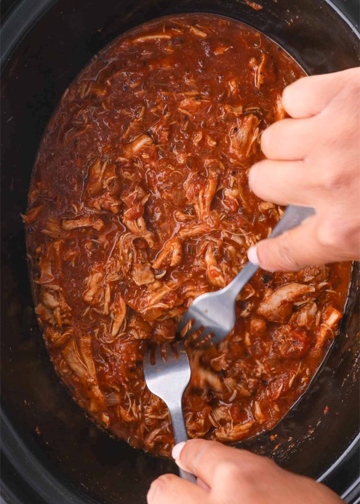 shredding the chicken with forks