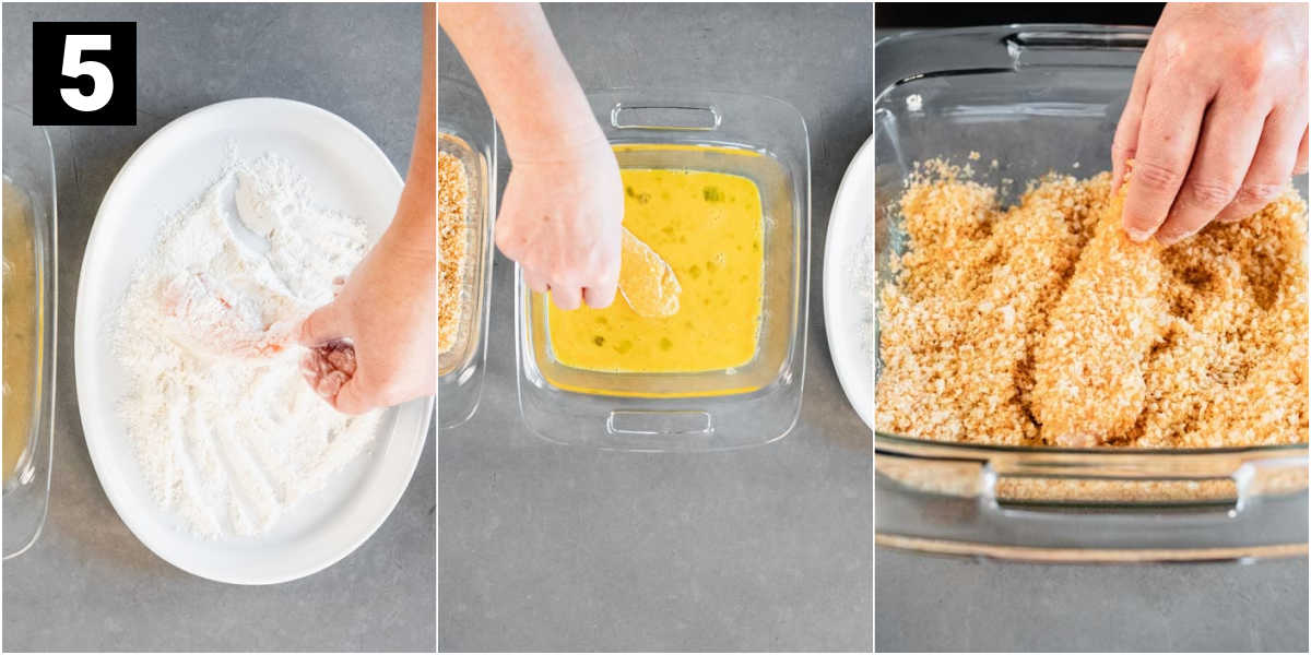 dipping the chicken tenders into the three breading stations