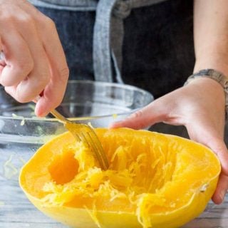 digging out the strands of the spaghetti squash