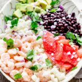 overhead of the mexican jicama shrimp salad with black beans