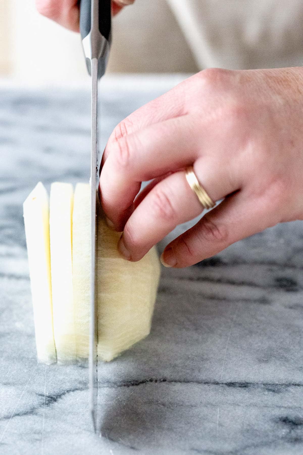 cutting the jicama for the salad