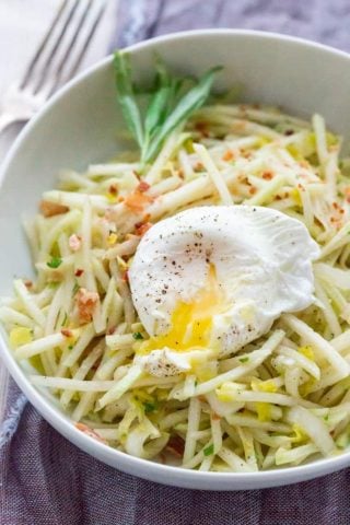 julienne kohlrabi with a poached egg on top