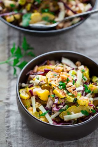 Roasted Delicata Salad with Warm Pickled Onion Dressing | wilt-free | no-lettuce | Dinner | Lunch | Healthy Seasonal Recipes