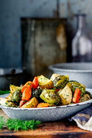 winter vegetable roast in a metal bowl