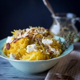 Spaghetti Squash with Chèvre and Lemon Thyme Dressing #vegetarian #lowcarb and #glutenfree on HealthySeasonalRecipes.com by Katie Webster