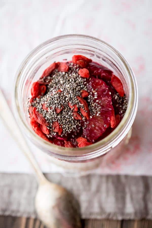 Overhead shot of toppings in the overnight oats