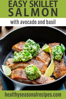 skillet with salmon lemon and avocado