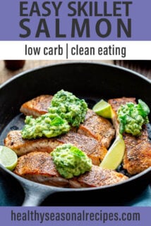 skillet with salmon lemon and avocado