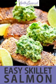 close up salmon with avocado basil and lemon