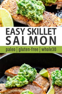 skillet salmon collage text overlay