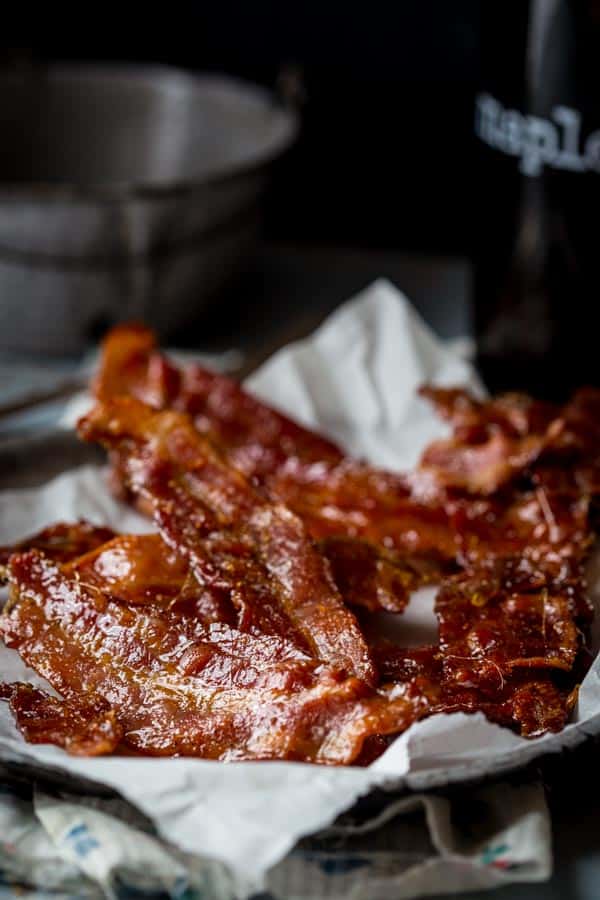 Maple Candied Bacon on a paper towel lined plate