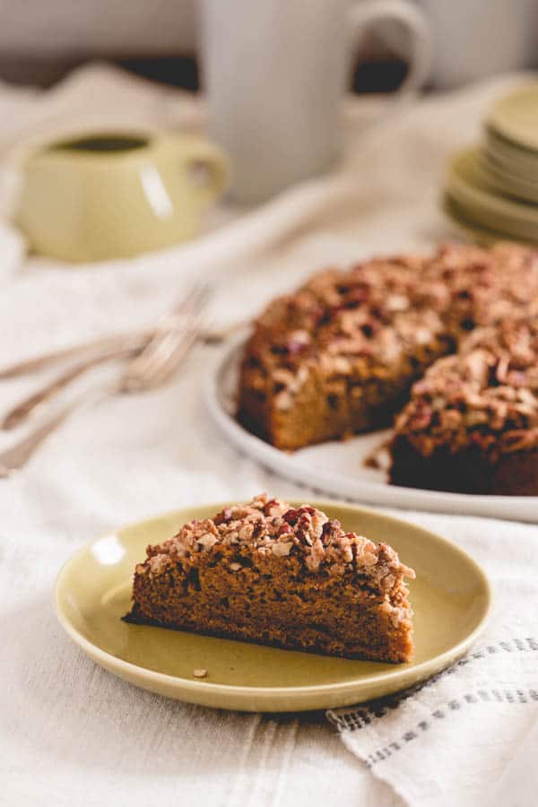 Maple Sweet Potato Coffee Cake slice on a plate