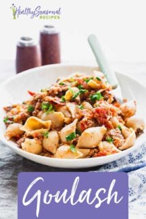 Pasta in a bowl with a fork and text overlay