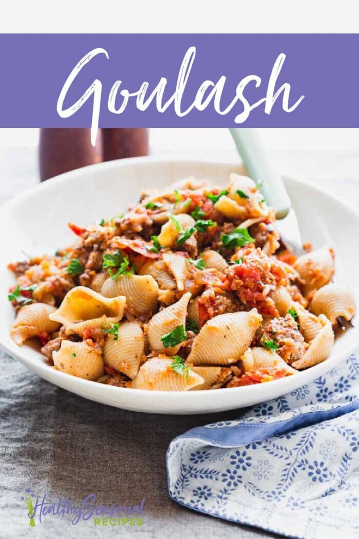 Goulash in a bowl with text overlay