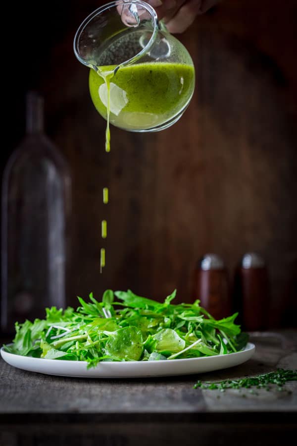 chive oil salad dressing by Katie Webster on Healthy Seasonal Recipes. It is a simple, paleo and gluten-free salad dressing that goes with spring greens, radishes, goat cheese and many more combinations.