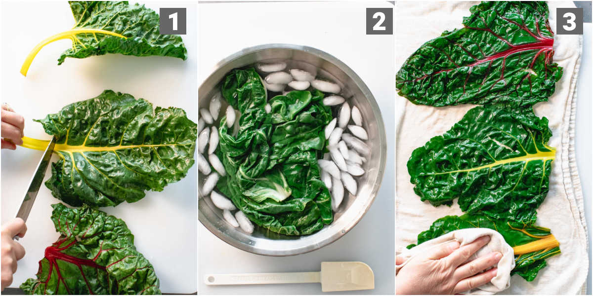 Steps to make swiss chard rolls with beef- blanching the chard leaves