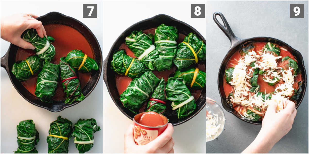arrange the rolls in the skillet with sauce, bake then top with cheese