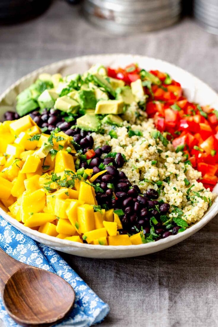 side view of the quinoa salad before it is mixed up