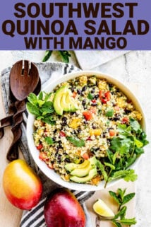 overhead table scape with the bowl of salad and two mangos with text overlay
