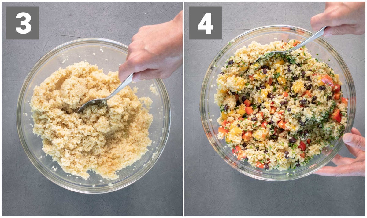stir the hot quinoa into the dressing then stirring the vegetables and fruit into the quinoa