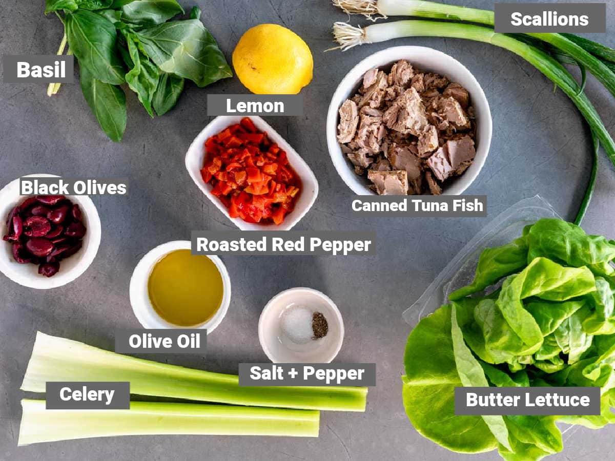 Ingredients for tuna with mediterranean flavors with labels