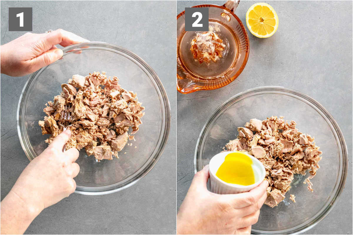 break the tuna up then drizzle with olive oil and lemon