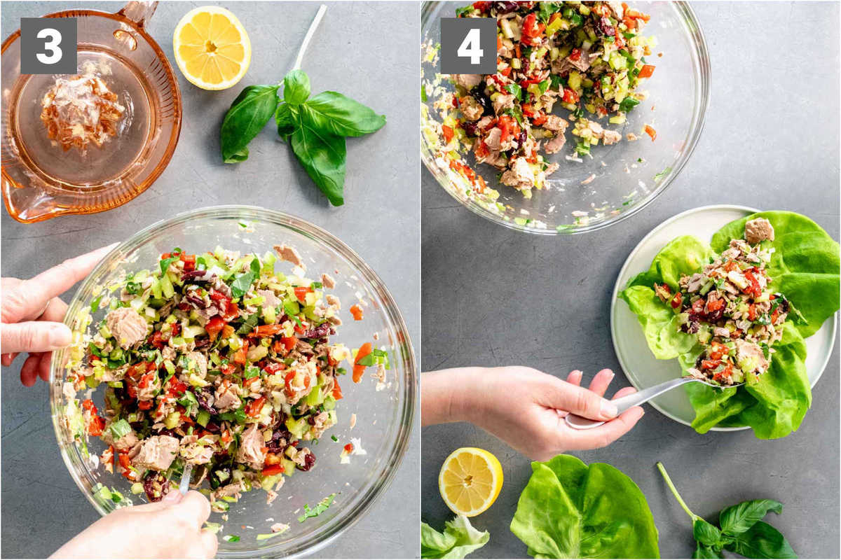 Add the celery, peppers, scallions, olives and basil and toss to combine, top lettuce with the tuna