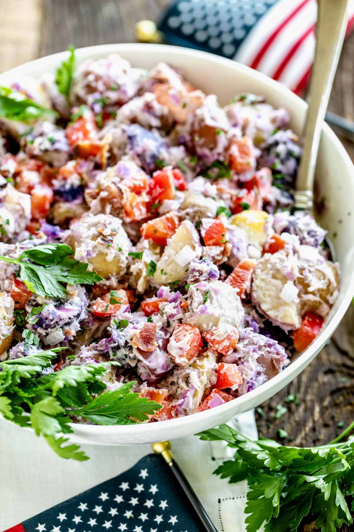 side view of the potato salad close-up