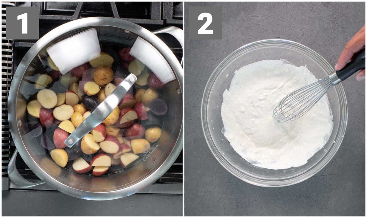 steam the potatoes and make the dressing
