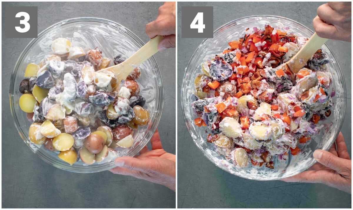 stir the dressing and potatoes together, let cool then add in the veggies and bacon