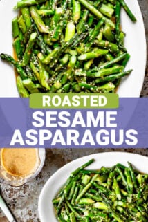 roasted asparagus on a white platter with sesame dressing with text overlay