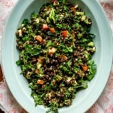 blue oval bowl with black lentil salad