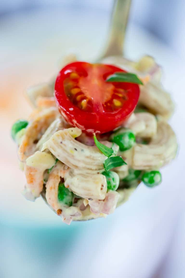 Healthy macaroni salad on a spoon