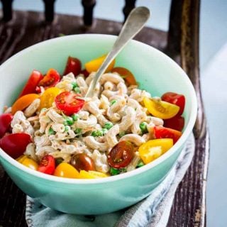 Healthy greek yogurt garden macaroni salad with cheddar. This healthy take on macaroni pasta salad with cheese has loads of garden fresh vegetables in it and Vermont sharp cheddar. Bring it to your next potluck and watch it disappear in a flash plus you'll save more than 100 calories per serving!
