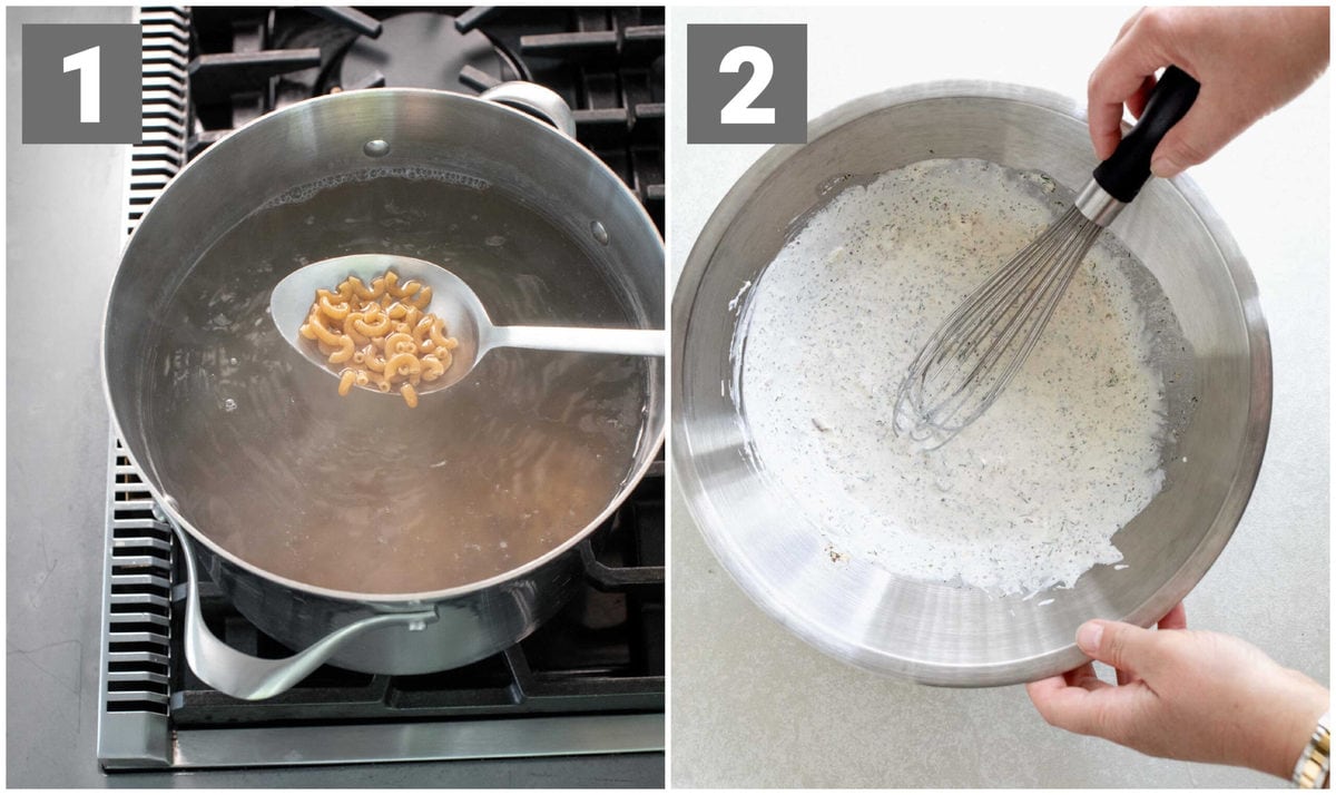 cook the macaroni then stir together the dressing