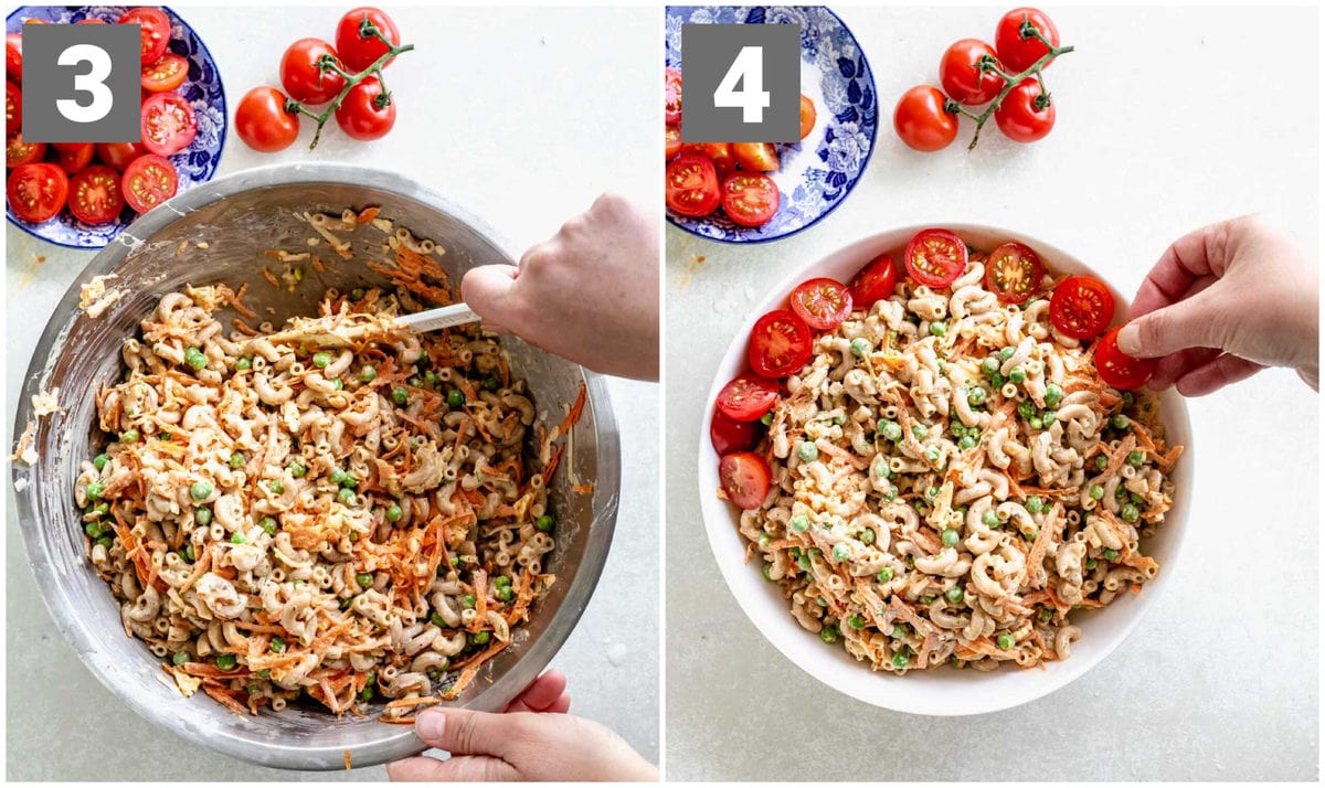 stirring the salad and garnishing the salad