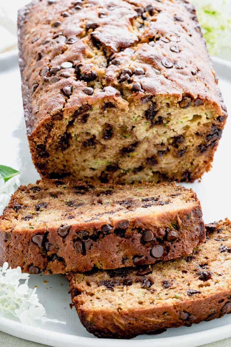 Chocolate Chip Zucchini Bread slices up close
