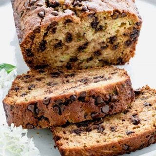 a close up of slices of zucchini chocolate chip bread