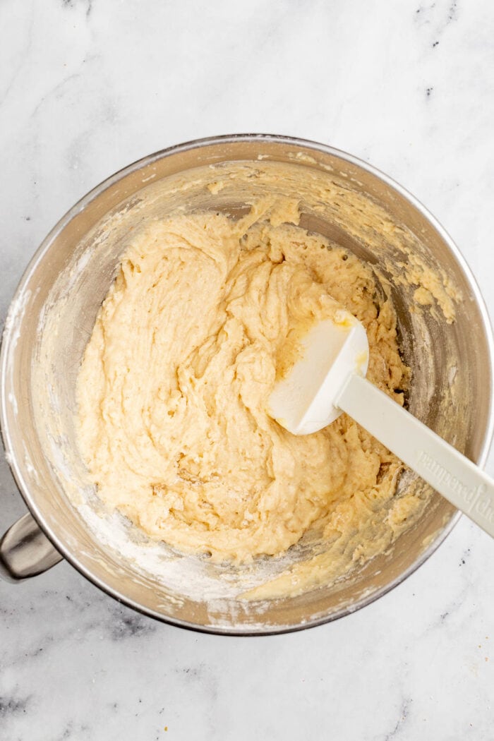the batter after the flour mixture is hand mixed into the butter and sugar mixture