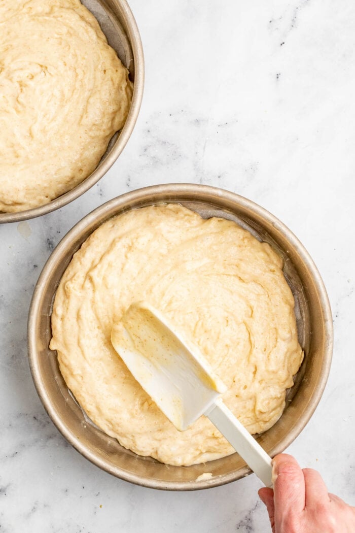 spread the batter out into the prepared pans